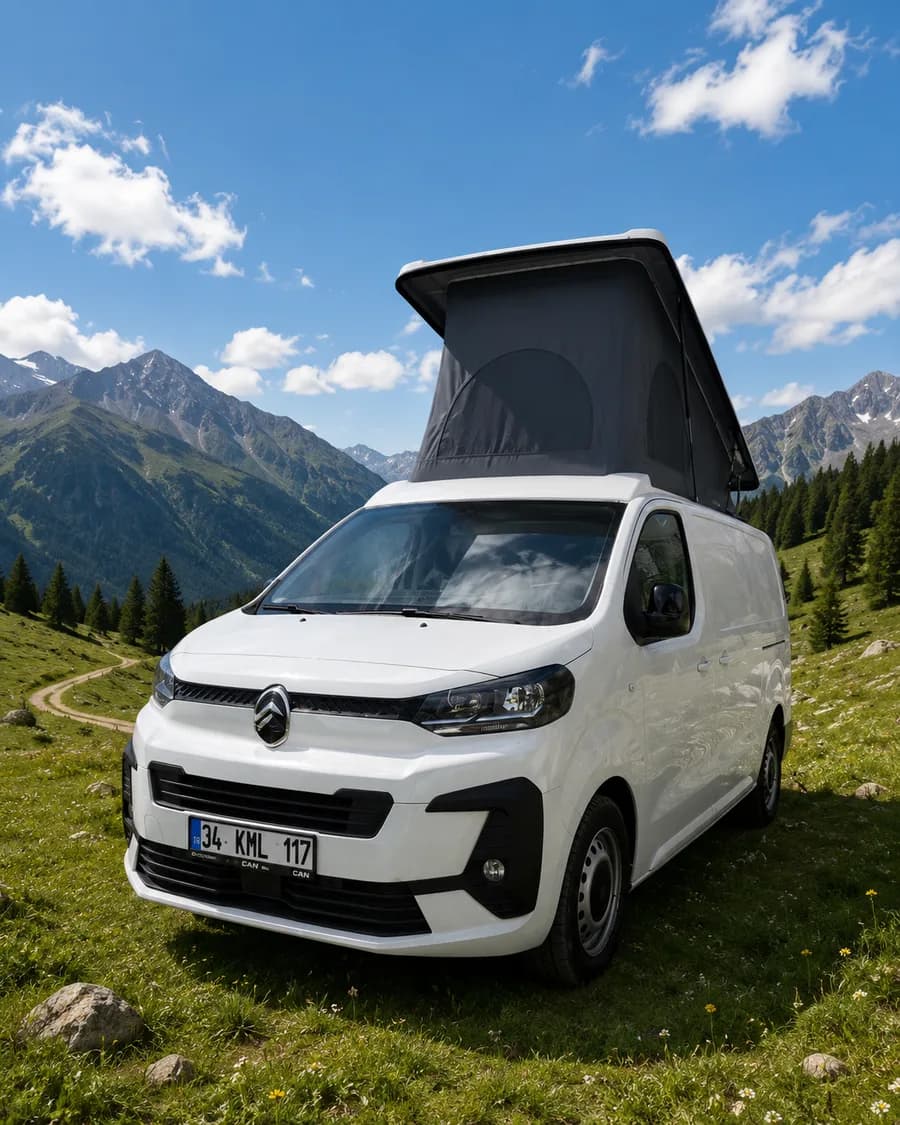 Citroën Jumpy — önden görünüm, pop-up tavan açık