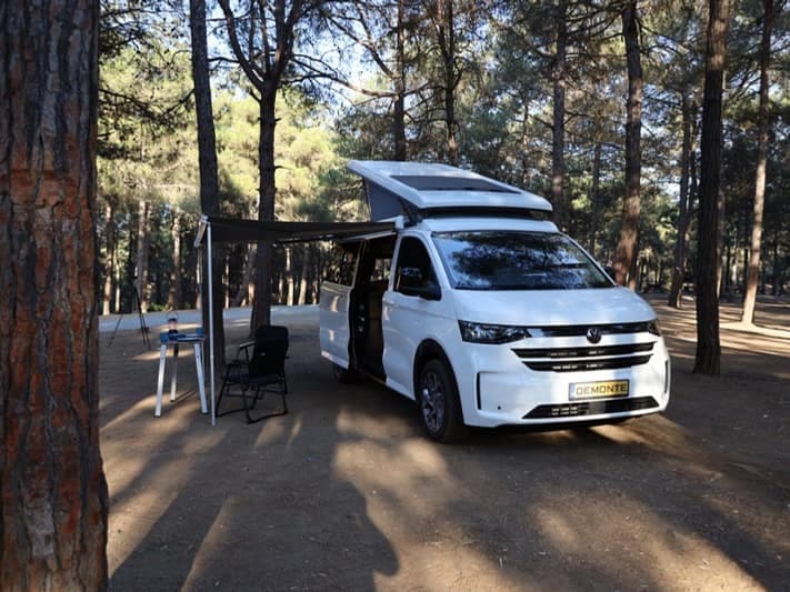 Ephesus on the long-wheelbase new-generation VW Transporter in a pine forest, pop-up roof and awning open