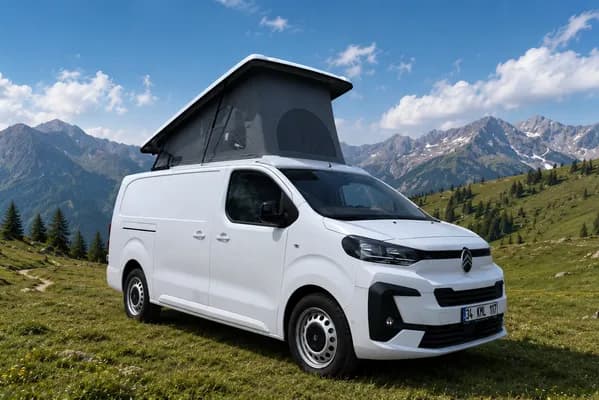Custom-built Citroën Jumpy in a mountain meadow with the SCA pop-up roof raised