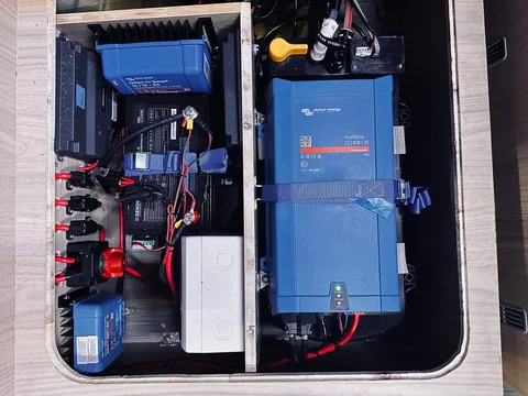 The power bay of the Efes with Victron inverter and chargers, the fuse block and labelled wiring