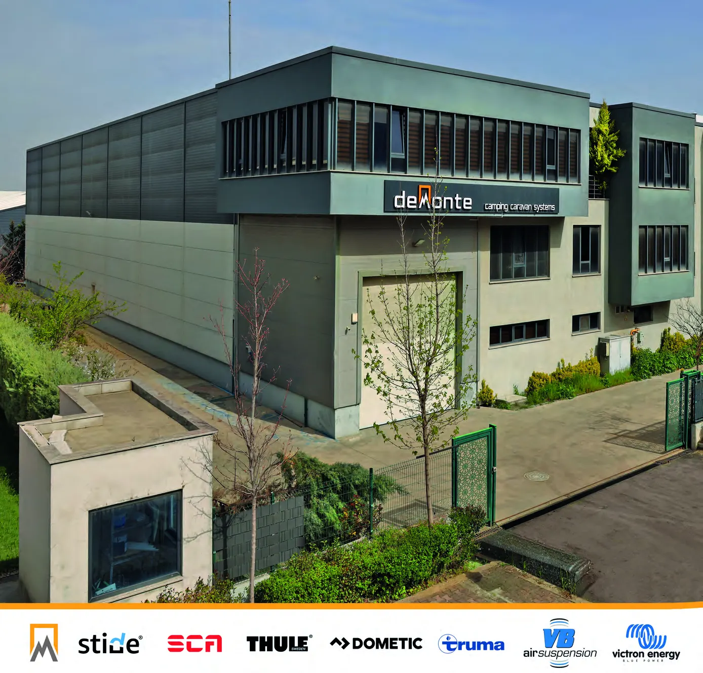 Demonte Karavan 2026 catalogue, page 2: the production headquarters in Dilovası, Kocaeli and the partner brands STIDE, SCA, THULE, DOMETIC, truma, VB Air Suspension and Victron Energy
