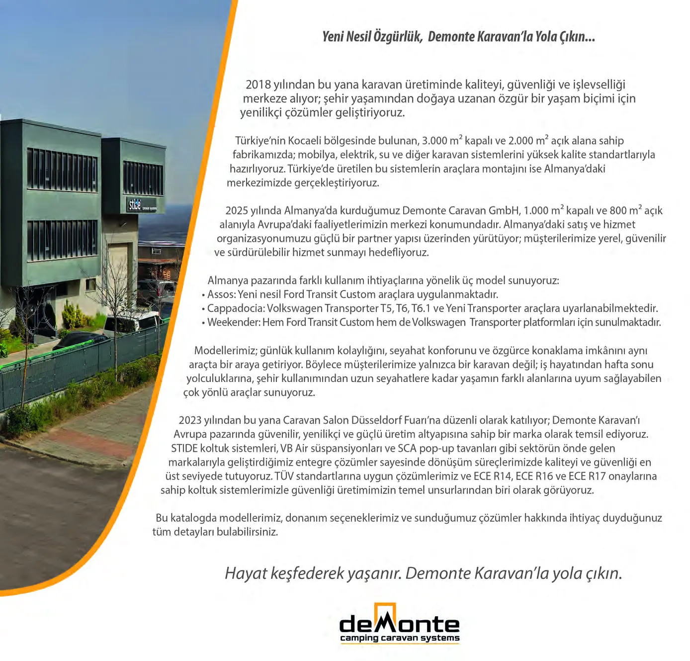 Demonte Karavan 2026 catalogue, page 3: the company introduction titled “A New Generation of Freedom” covering the Kocaeli factory, Demonte Caravan GmbH in Germany and the model family