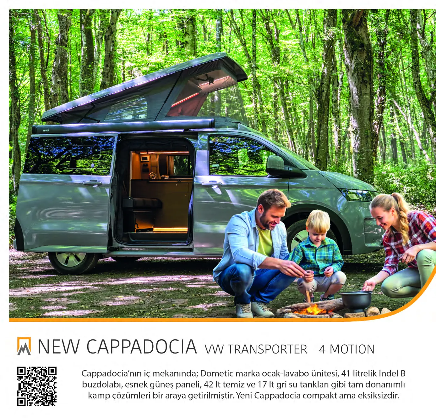 Demonte Karavan 2026 catalogue, page 4: the NEW CAPPADOCIA on a VW Transporter 4Motion, with a family around a campfire beside it