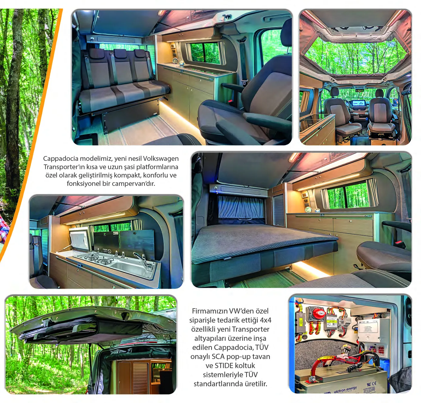 Demonte Karavan 2026 catalogue, page 5: the NEW CAPPADOCIA interior: cabin, roof bed, kitchen module and the SCA pop-up roof mechanism