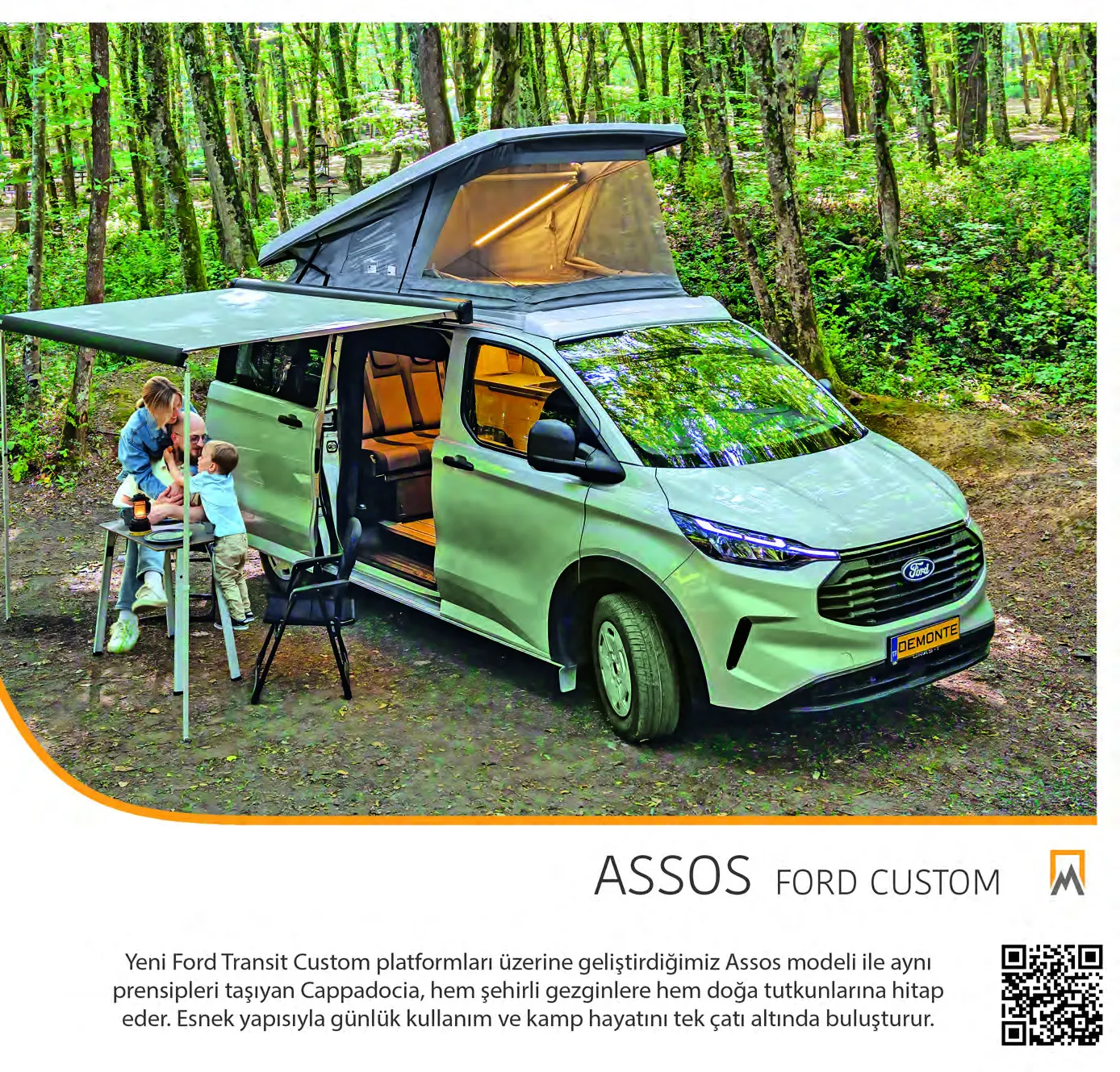 Demonte Karavan 2026 catalogue, page 7: the ASSOS on a Ford Transit Custom, a family seated at a table under its awning in the forest