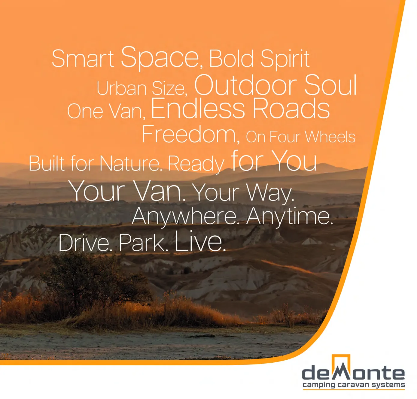 Demonte Karavan 2026 catalogue, page 9: a typographic page on orange: “Smart Space, Bold Spirit · One Van, Endless Roads”