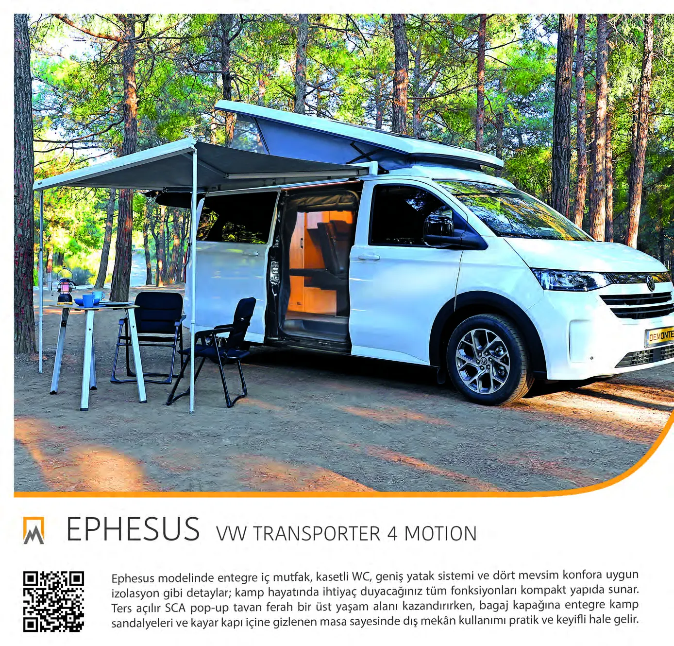 Demonte Karavan 2026 catalogue, page 10: the EPHESUS on a VW Transporter 4Motion, awning and pop-up roof open in a pine forest