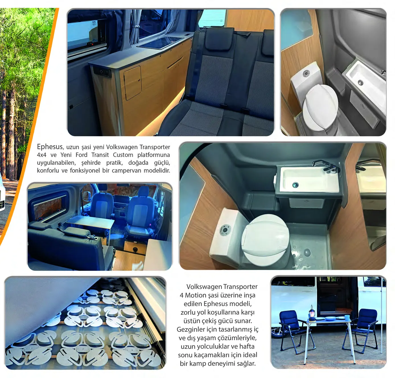 Demonte Karavan 2026 catalogue, page 11: the EPHESUS interior: the ABS shower cubicle with cassette toilet, swivel seats and the bed layout