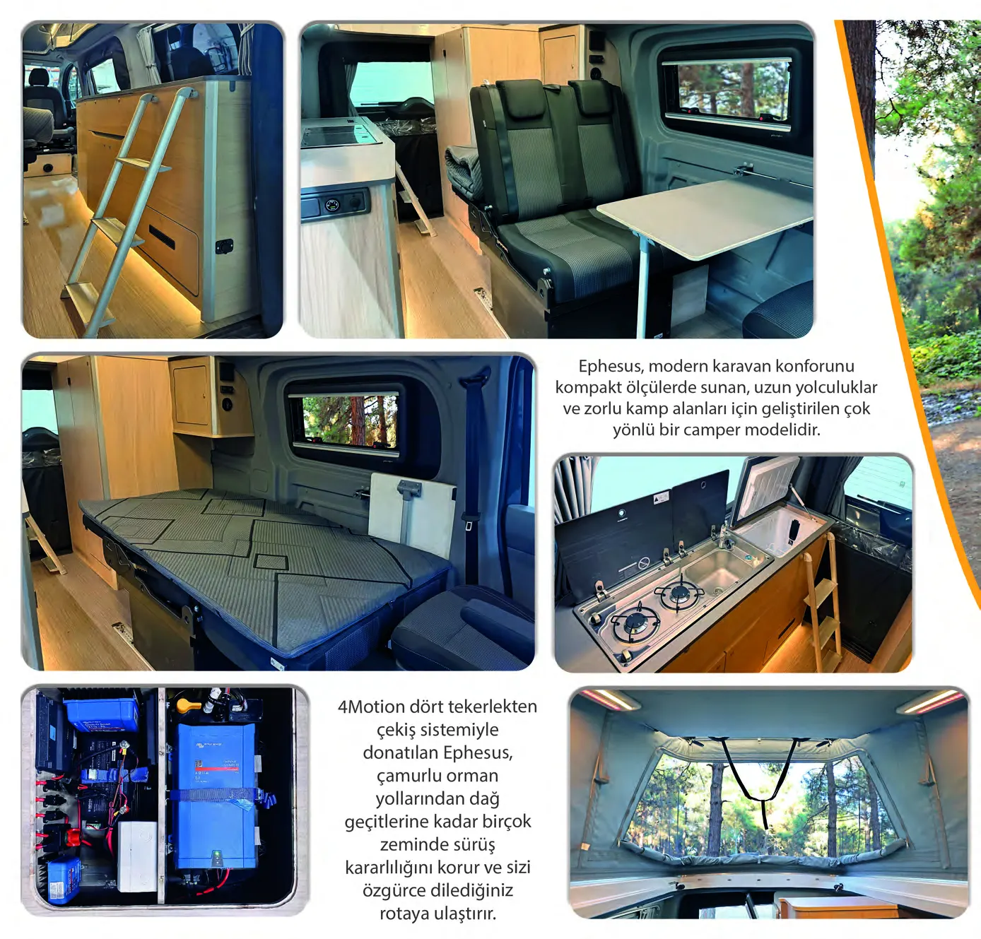 Demonte Karavan 2026 catalogue, page 12: EPHESUS details: the bed, the kitchen worktop, the electrical panel and the storage lockers
