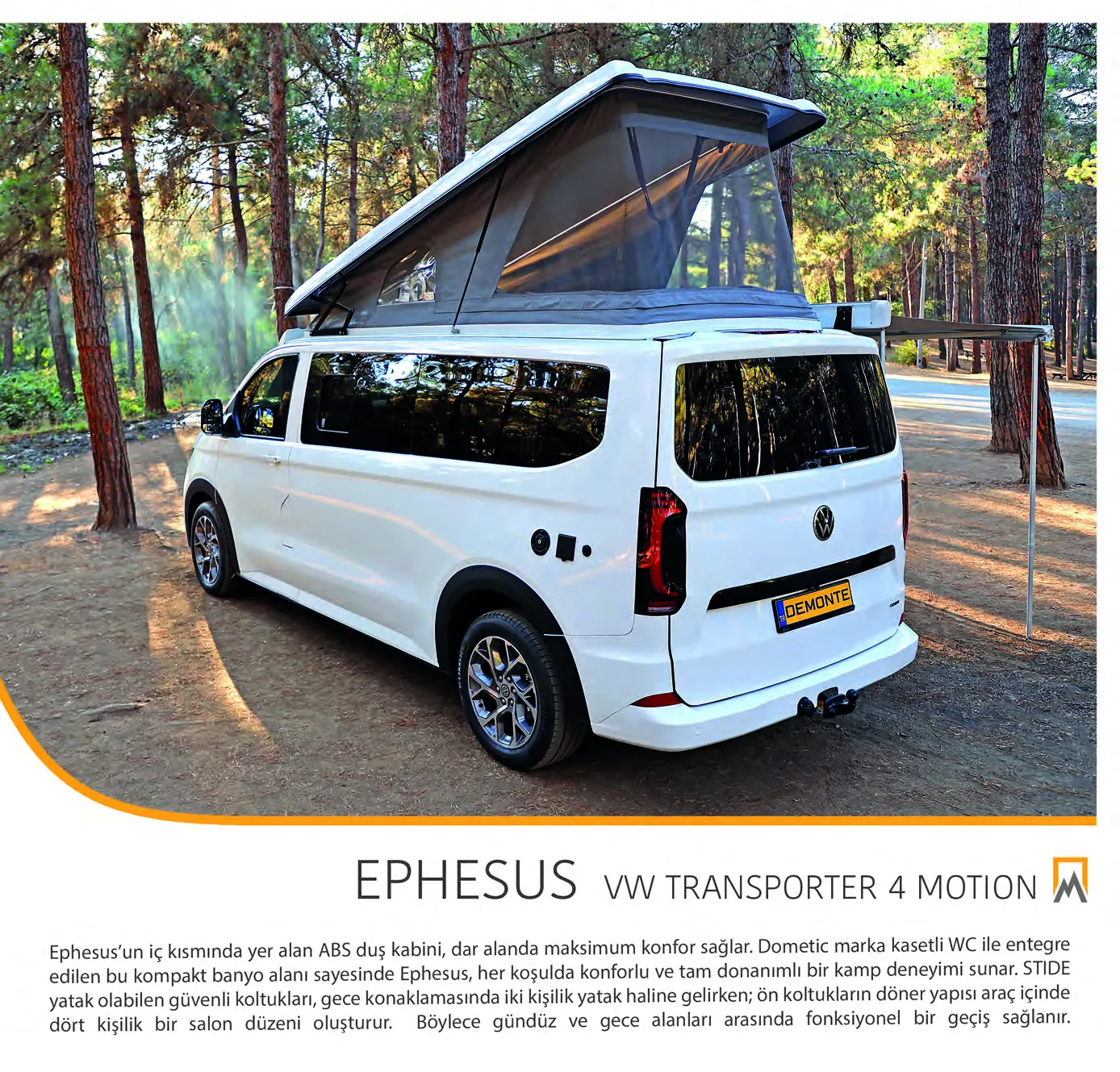 Demonte Karavan 2026 catalogue, page 13: the EPHESUS from a rear three-quarter angle: a white long-wheelbase VW Transporter