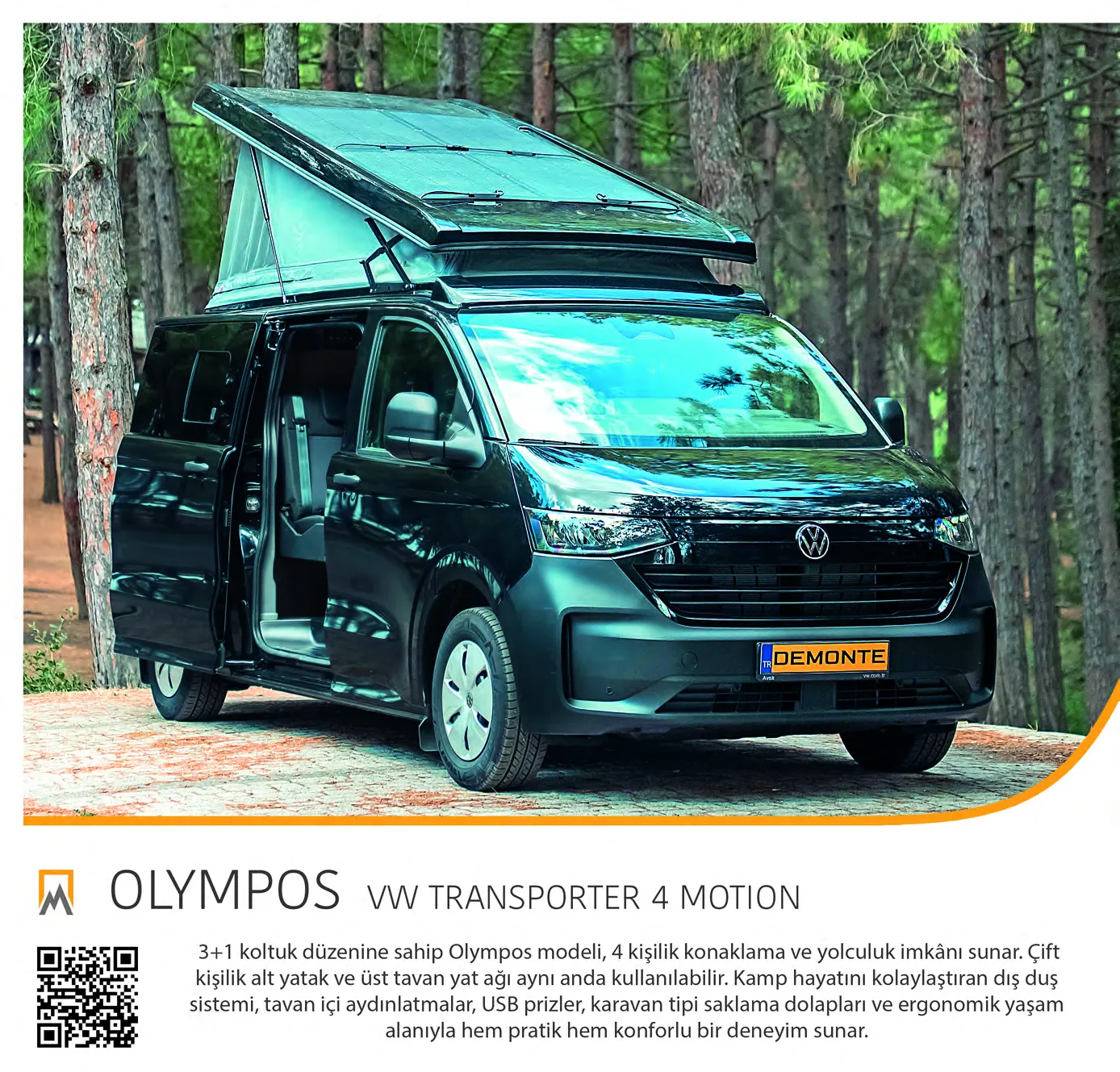 Demonte Karavan 2026 catalogue, page 14: the OLYMPOS on a dark green VW Transporter 4Motion in the forest