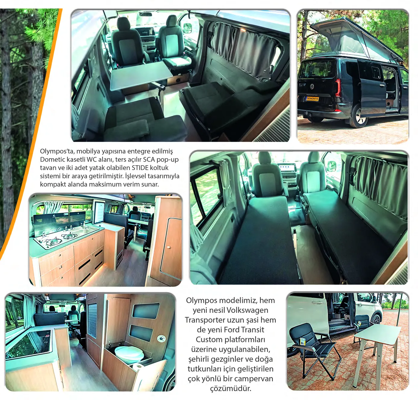 Demonte Karavan 2026 catalogue, page 15: the OLYMPOS interior: the 3+1 seating layout, the Dometic cassette toilet, the kitchen and the camping table