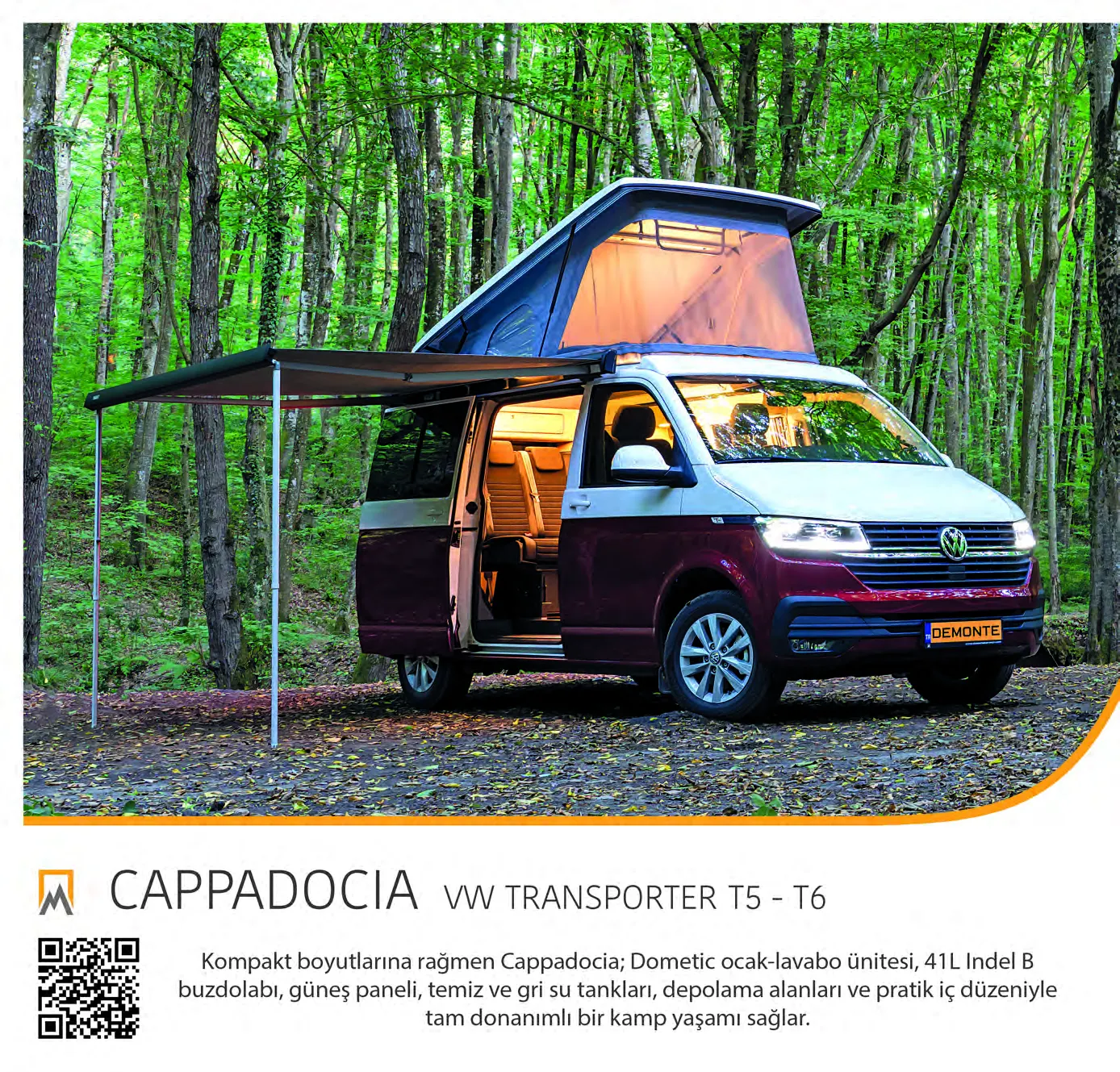 Demonte Karavan 2026 catalogue, page 18: the CAPPADOCIA on a burgundy VW Transporter T5–T6 with its roof raised in the forest