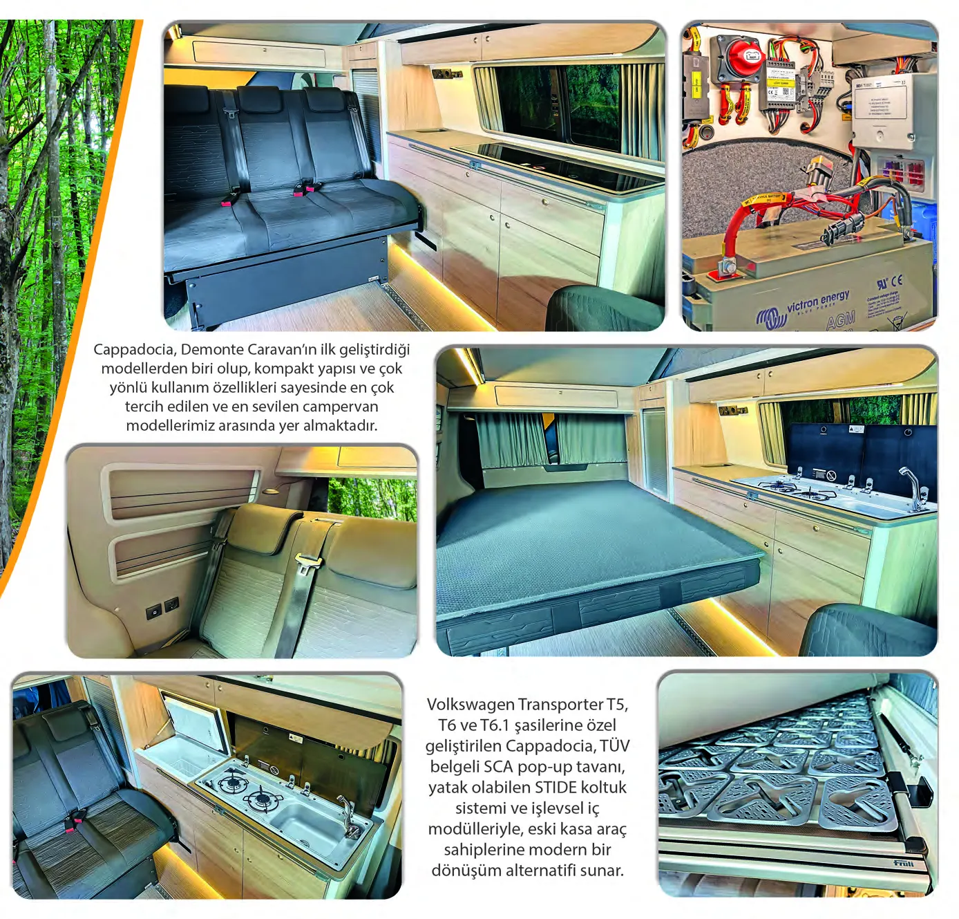 Demonte Karavan 2026 catalogue, page 19: the CAPPADOCIA interior: the bench seat, the power bay, the bed and the hob-and-sink unit