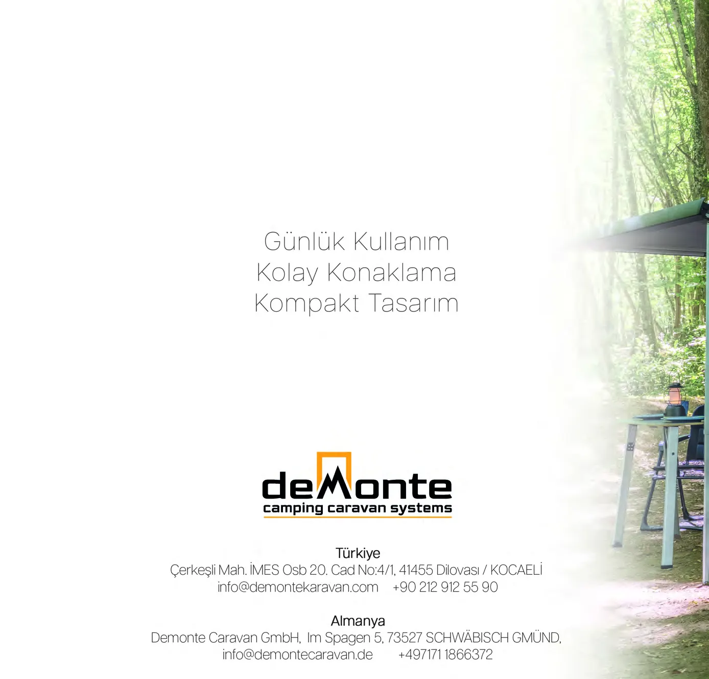 Demonte Karavan 2026 catalogue, page 20: back cover with the contact details for Türkiye (Dilovası, Kocaeli) and Germany (Schwäbisch Gmünd)