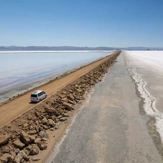 Tuz Gölü’nün beyaz tuz kabuğu ve pembe suyu arasından geçen çakıl yol